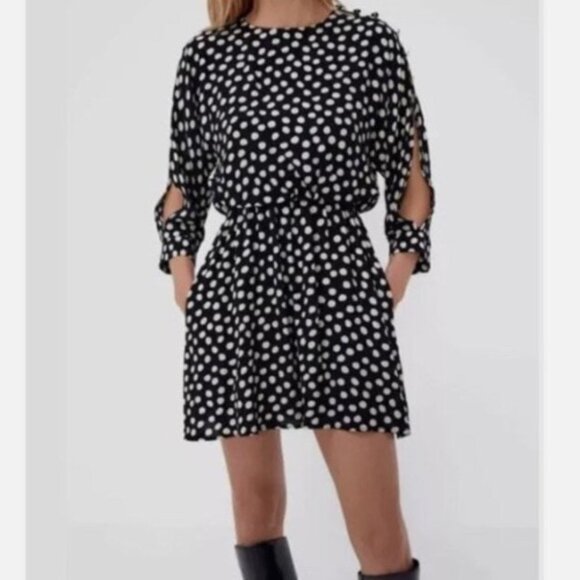 Zara Polka Dot Mini Dress Slit Sleeve Black White Boat Neck with Pockets Sm Boho - Picture 1 of 12